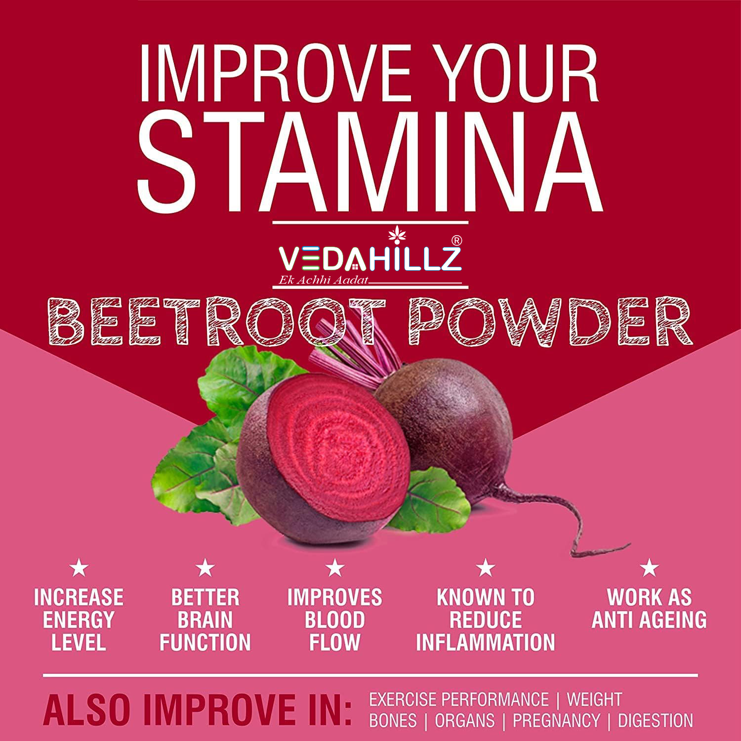 Vedahillz Beetroot Powder for Holistic Health and Vitality Made from Fresh Handpicked Beetroots